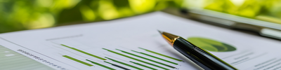 Paperwork showing charts in green with blurred natural landscape to show environmental paperwork
